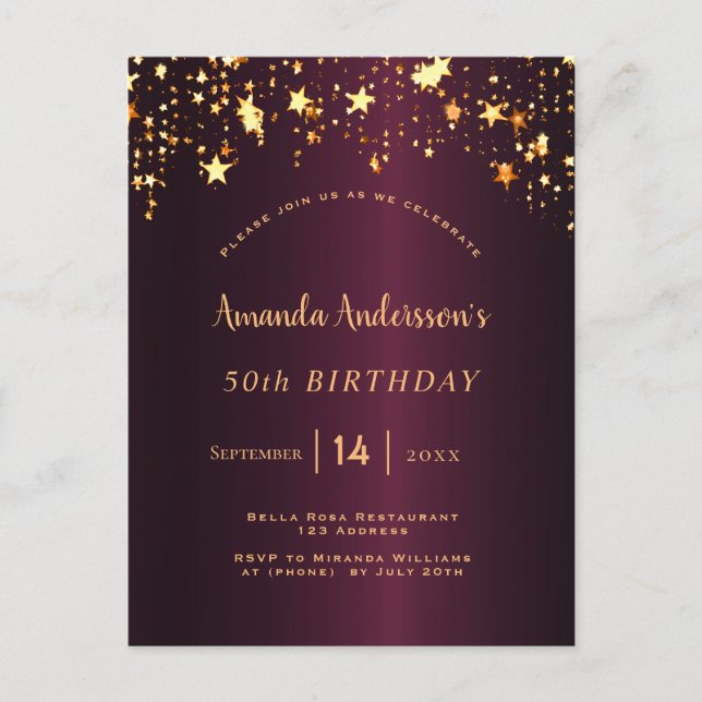 Birthday party burgundy gold stars postcard (Front)