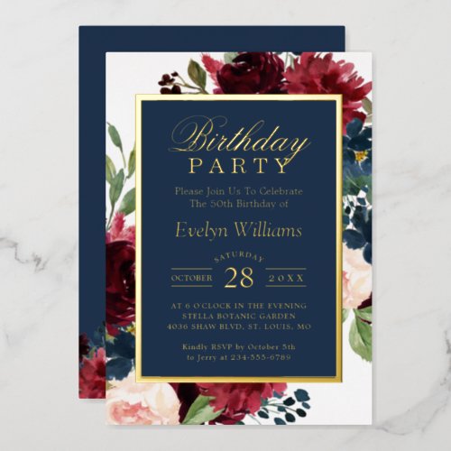 Birthday Party  Burgundy Navy Floral Real Gold Foil Invitation