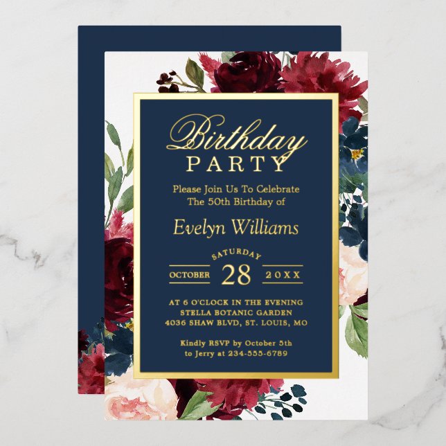 Birthday Party | Burgundy Navy Floral Real Gold Foil Invitation (Front/Back)