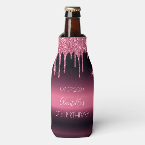 Birthday party burgundy pink glitter 21 glam bottle cooler