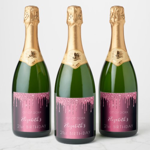 Birthday party burgundy pink glitter 21 years sparkling wine label