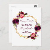 Birthday party burgundy white Change the Date Postcard (Front/Back)