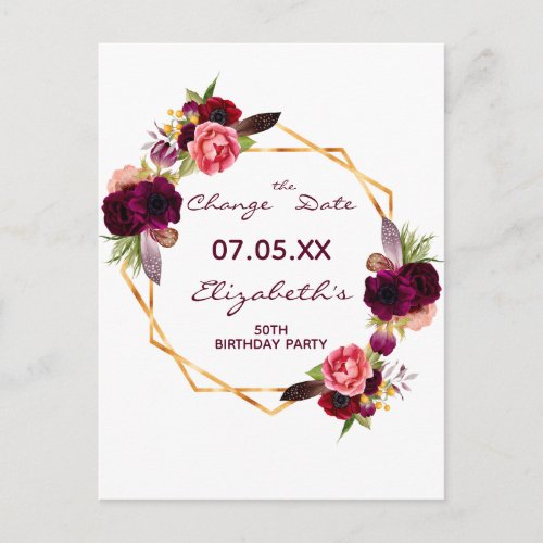 Birthday party burgundy white Change the Date Postcard