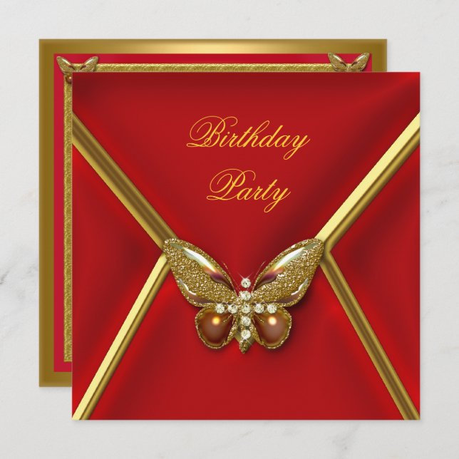 Birthday Party Butterfly Deep Red Gold Image Invitation (Front/Back)