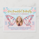 Birthday Party Butterfly Photo Girls Cute Kid Pink Invitation Postcard<br><div class="desc">These gorgeously unique birthday party invitation postcards transform your child into a magical butterfly! The pretty design has a vintage fairy-tale look in whimsical shades of pink, blue, and gold. Your child's photo fills the center of the butterfly wings. The cute design is made in watercolor with faux (printed) glitter...</div>