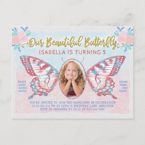 Birthday Party Butterfly Photo Girls Cute Kid Pink Invitation Postcard