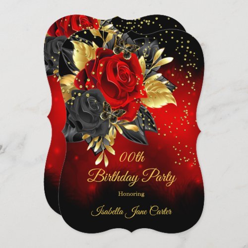Birthday Party Butterfly Red Rose Floral Gold 2 Invitation