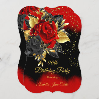 Birthday Party Butterfly Red Rose Floral Gold Invitation