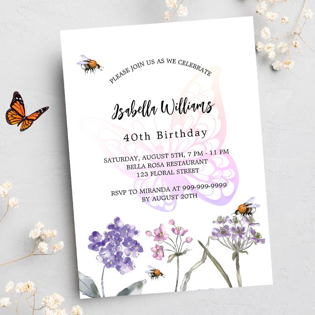 Birthday party butterfly violet wildflowers luxury invitation (Creator Uploaded)