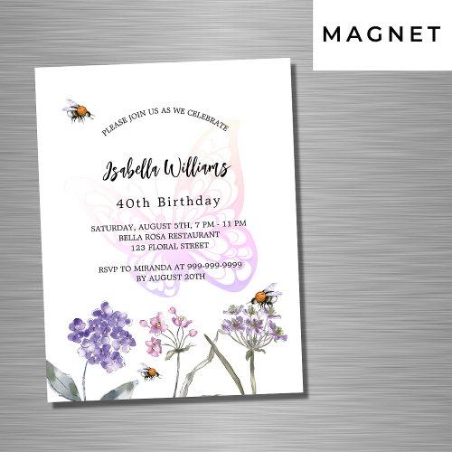 Birthday party butterfly violet wildflowers luxury magnetic invitation