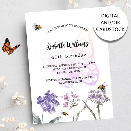 Birthday party butterfly violet wildflowers pink invitation