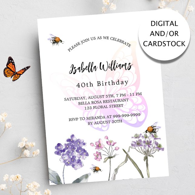 Birthday party butterfly violet wildflowers pink invitation (Creator Uploaded)