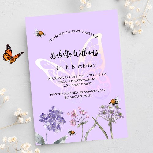 Birthday party butterfly violet wildflowers pink invitation postcard