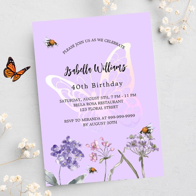 Birthday party butterfly violet wildflowers pink invitation postcard (Creator Uploaded)