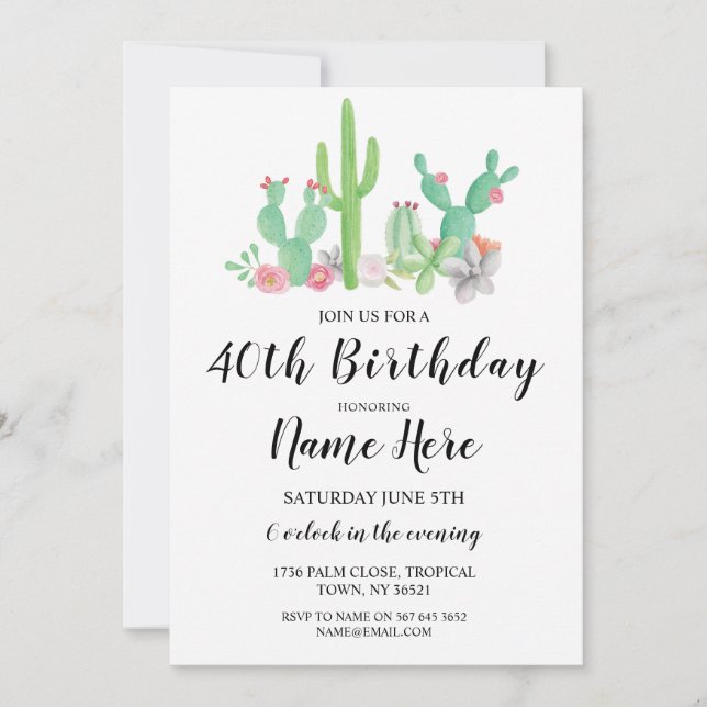 Birthday Party Cactus Any Age Pretty Cacti Invite (Front)
