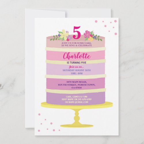 Birthday Party Cake Pink Invite Any Age 3 4 5 6 7