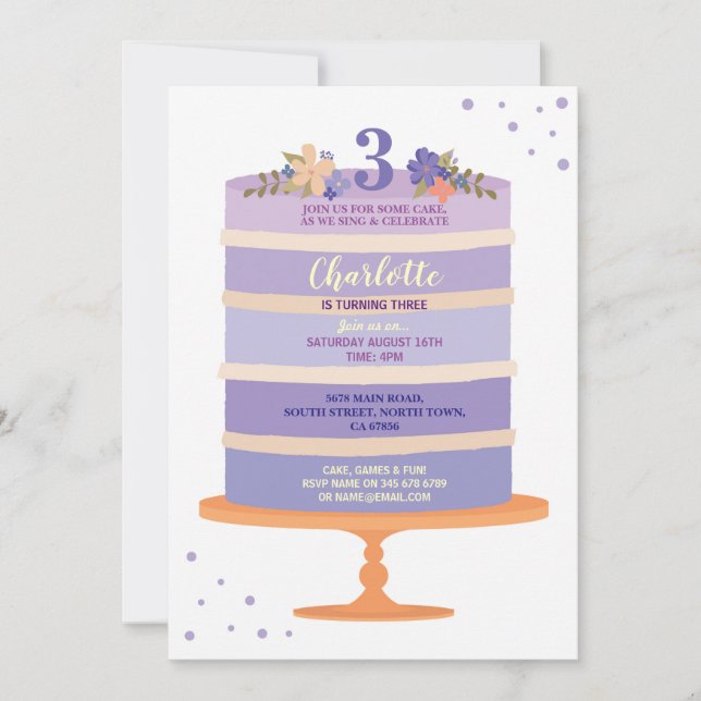 Birthday Party Cake Purple Invite Any Age 1 2 3 4 (Front)