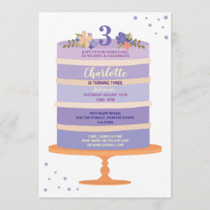 Birthday Party Cake Purple Invite Any Age 1 2 3 4