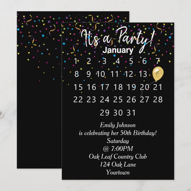 Birthday Party Calendar with Confetti Invitation (Front/Back)