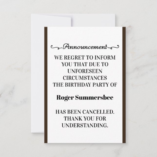 Birthday Party Cancellation Announcement Cards (Front)