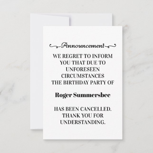 Birthday Party Cancellation Announcement Cards (Front)