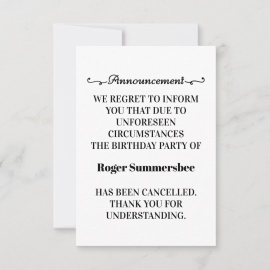 Birthday Party Cancellation Announcement Cards