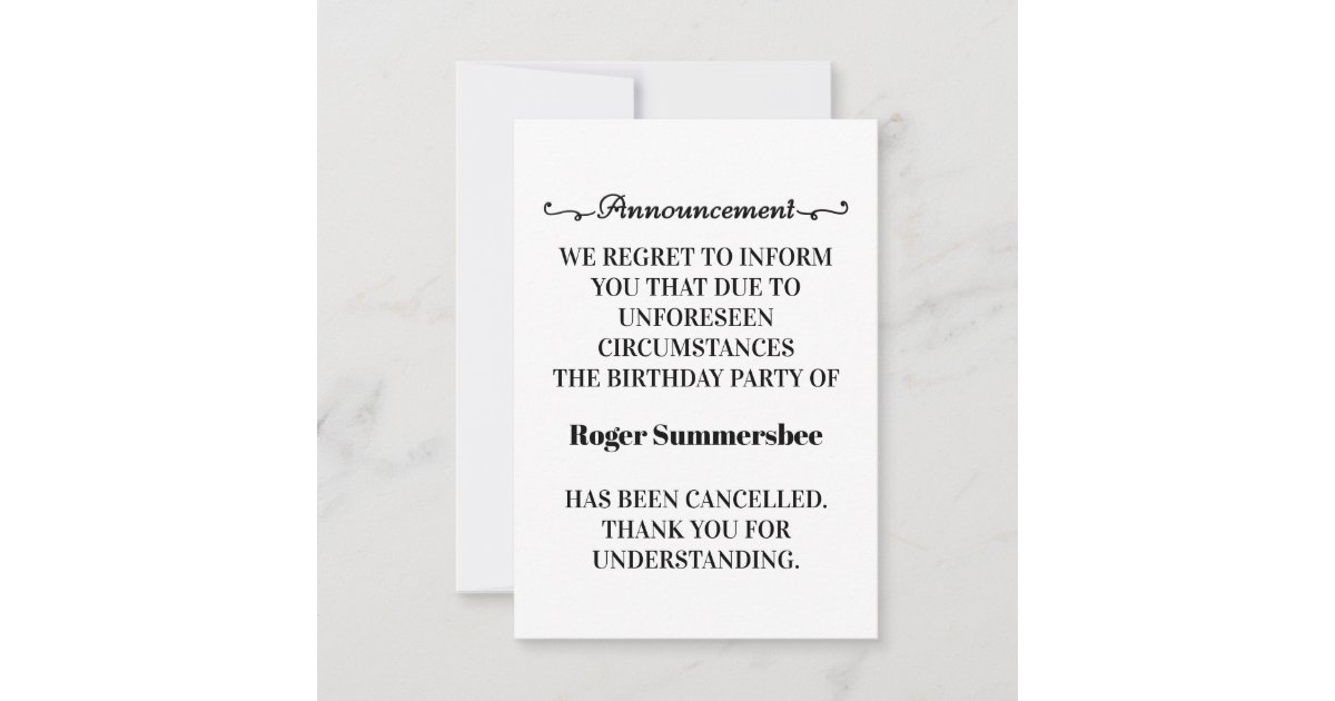 Birthday Party Cancellation Announcement Cards Zazzle