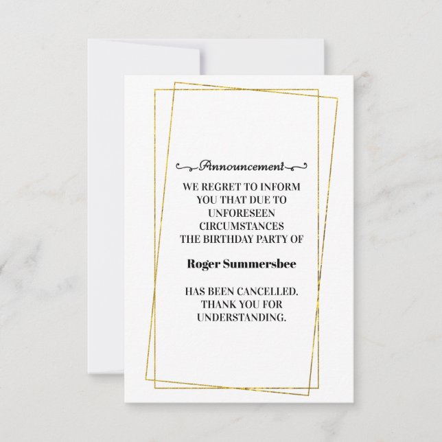 Birthday Party Cancellation Announcement Cards (Front)
