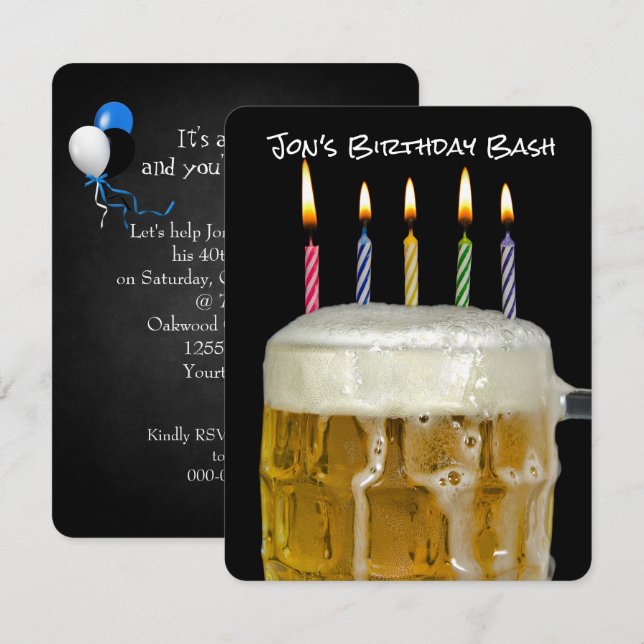 Birthday party candle in beer invitation (Front/Back)