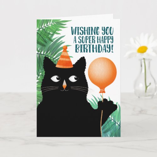 Birthday party card with black cat and balloon