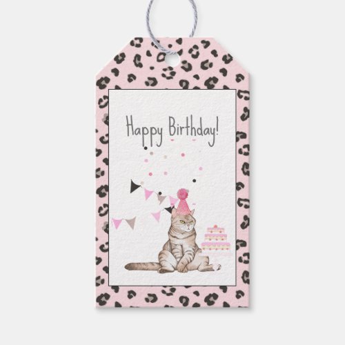 Birthday Party Cat with Pink Leopard Print Gift Tags