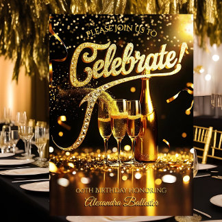 Birthday Party Celebrate Champagne Streamers Gold Invitation