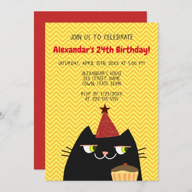 Birthday Party Celebration Black Cat Cool Funny Invitation (Front/Back)