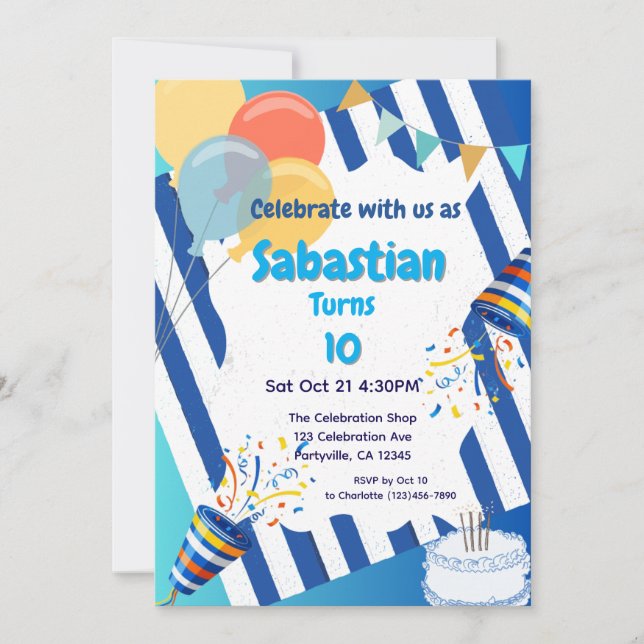 Birthday Party Celebration Blue  Invitation (Front)