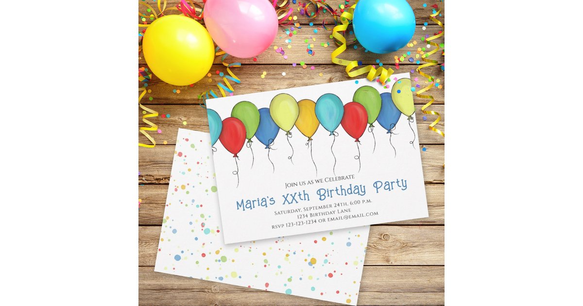 Birthday Party Celebration Cute Balloons Confetti Invitation | Zazzle
