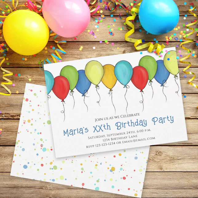 Birthday Party Celebration Cute Balloons Confetti Invitation | Zazzle