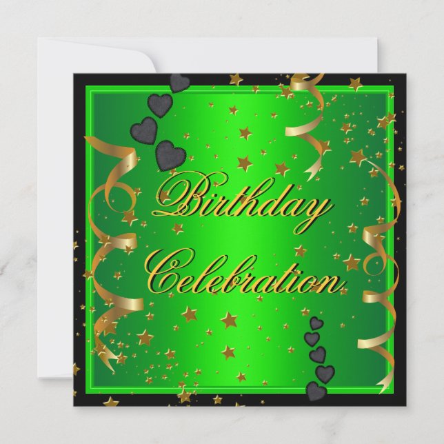Birthday Party Celebration Lime Green Gold Black Invitation (Front)
