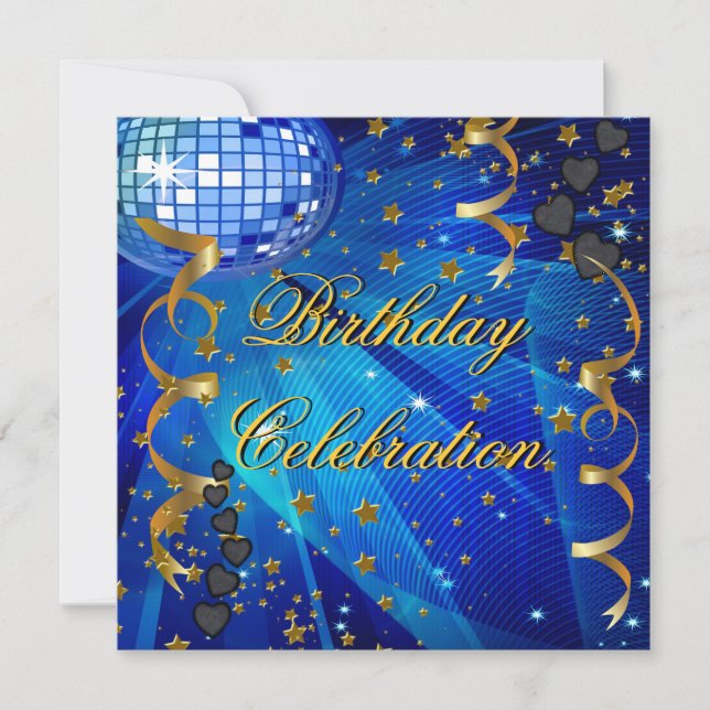 Birthday Party Celebration Retro Blue Disco Ball Invitation (Front)