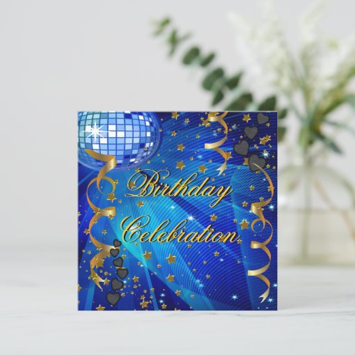 Birthday Party Celebration Retro Blue Disco Ball Invitation | Zazzle