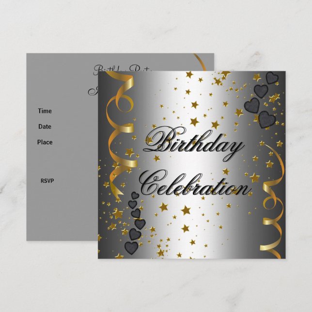 Birthday Party Celebration Silver Black Gold Stars Invitation (Front/Back)