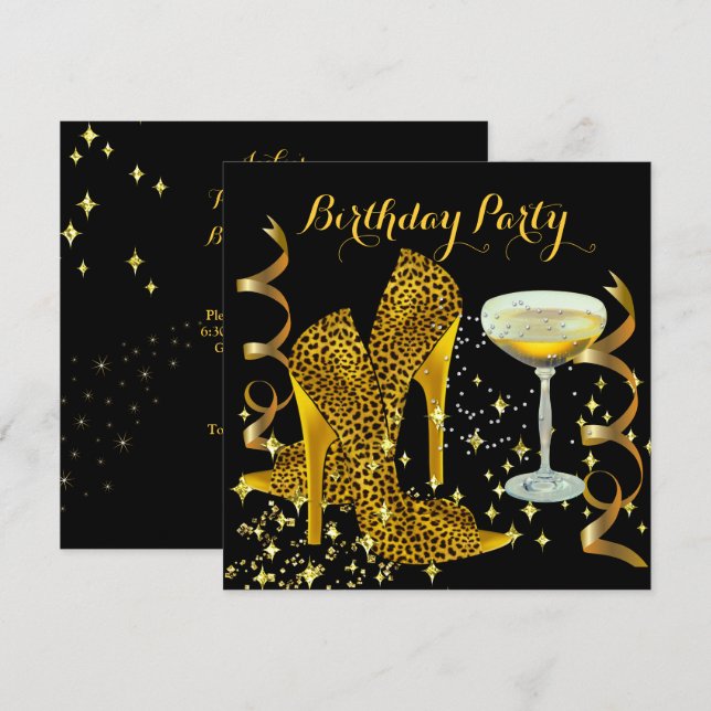 Birthday Party Champagne Gold Leopard Heels Invitation (Front/Back)