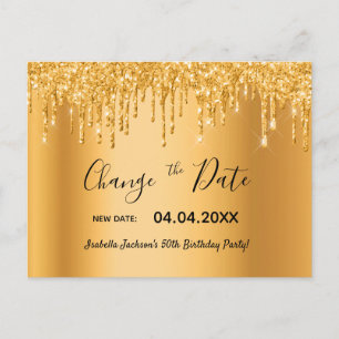Birthday party change the date gold glitter drips postcard