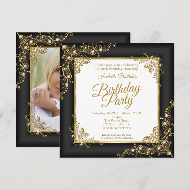 Birthday party charcoal black Gold White Photo Invitation (Front/Back)