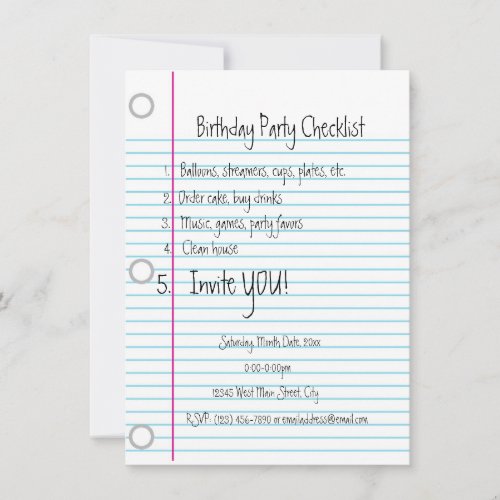 Birthday Party Checklist Invitations