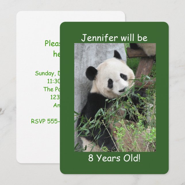 Birthday Party Child, Name, Cute Giant Panda Green Invitation (Front/Back)