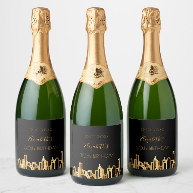 Birthday party city skyline black gold modern sparkling wine label (Bottles)