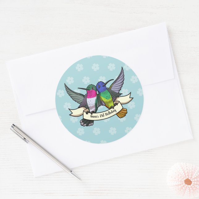 Birthday Party Colorful Hummingbirds Cartoon Classic Round Sticker (Envelope)