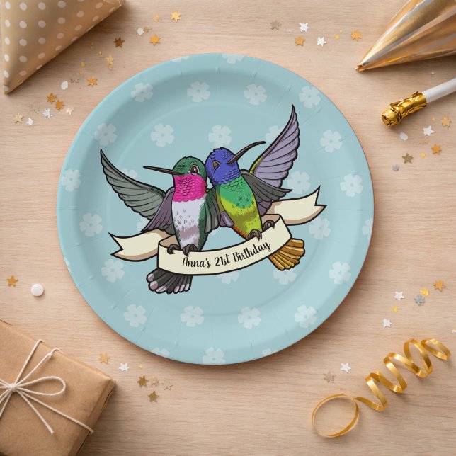 Birthday Party Colorful Hummingbirds Cartoon Paper Plates (Creator Uploaded)