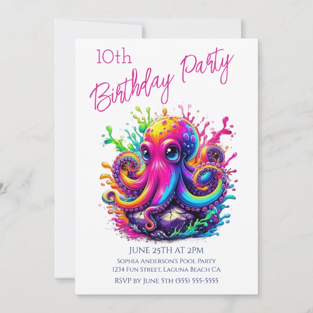 Birthday Party- Colorful Octopus Splash Invitation (Front)