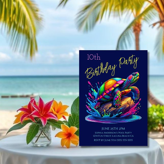 Birthday Party- Colorful Turtle Splash Invitation (Colorful Turtle Splash-Fisherman Core-Dopamine Dressing-Birthday Party Invitation-Blue)